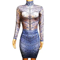 long sleeve glistening diamonds women mini dress 3d leopard pattern print backless dresses bar dance stage party show costume