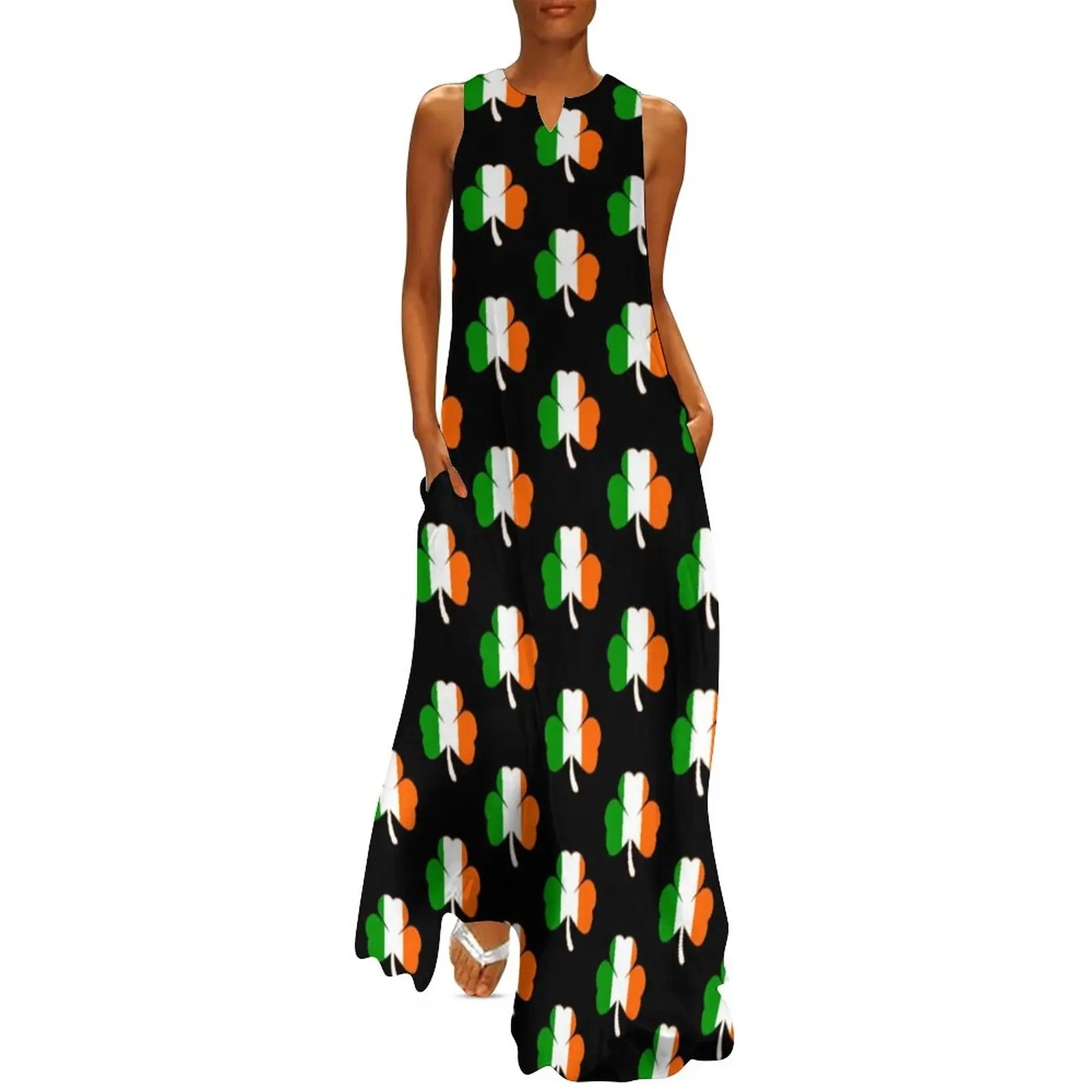 

Happy St Patricks Day Dress Summer Funny Shamrock Aesthetic Boho Beach Long Dresses Ladies Print Kawaii Maxi Dress Big Size 4XL