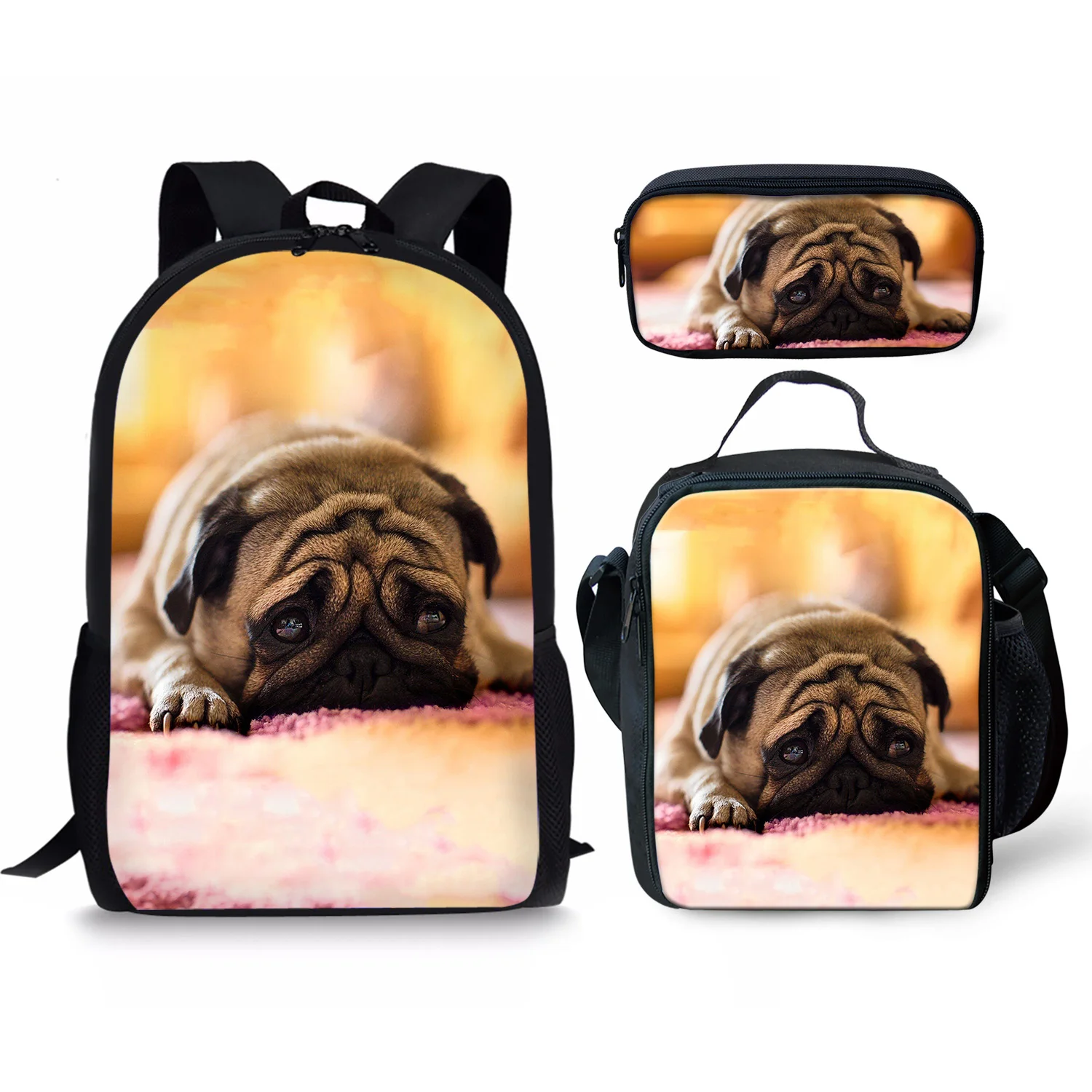 Cute Pug Print New 3Pcs/Set School Bags Daily Travel Climbing Durable Backpack Trendy Birthday Gift for Kids Fashion Knapsack