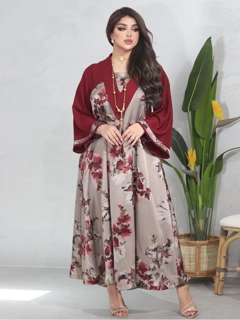 Abaya Muslim Long Dress Women Full Sleeve Islamic Clothing Robes Fashion Floral Print Splice Elegant Jalabiya Muslim Party Dress
