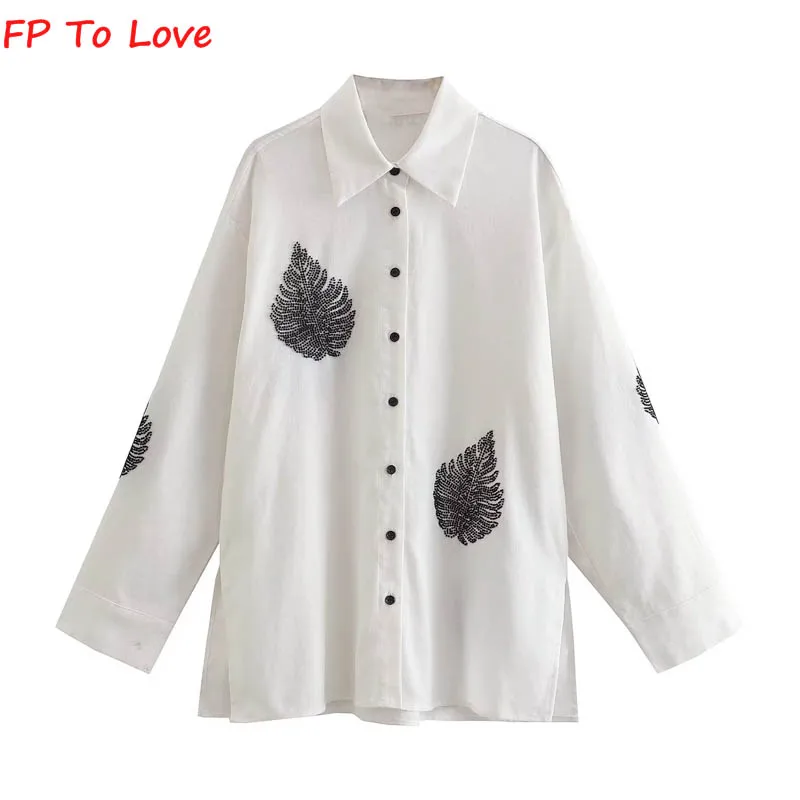 

Женская льняная рубашка-Топ с длинным рукавом и бисером