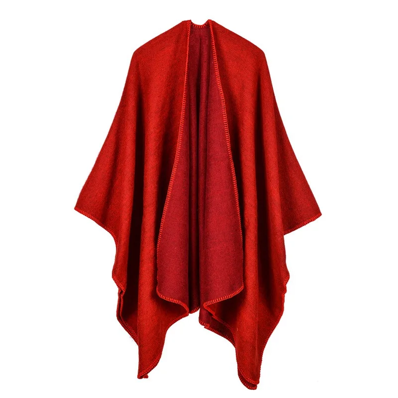 Autumn Winter Solid Color Imitation Cashmere Large Fork Shawl Warm Monochrome Cloak  Ponchos Capes Red