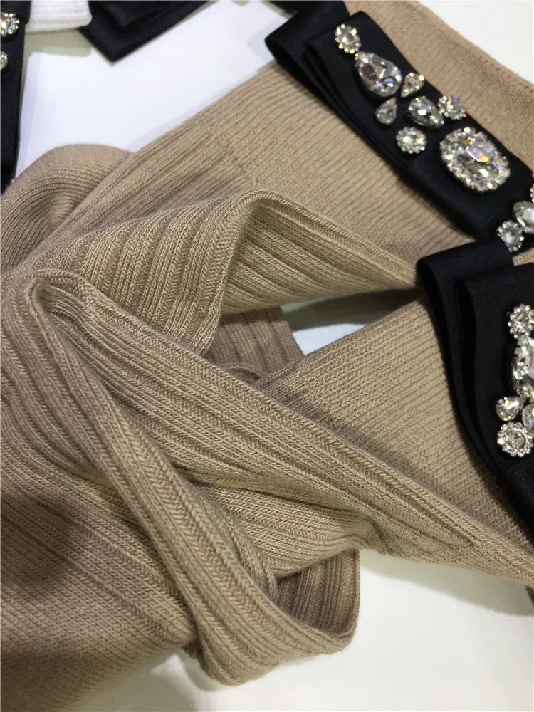 Sparkling Diamond Bead Women Socks Cute Bow All-match Age Reduction Cotton Hosiery Solid Color Mid Tube Sports Stocking 5COLORS