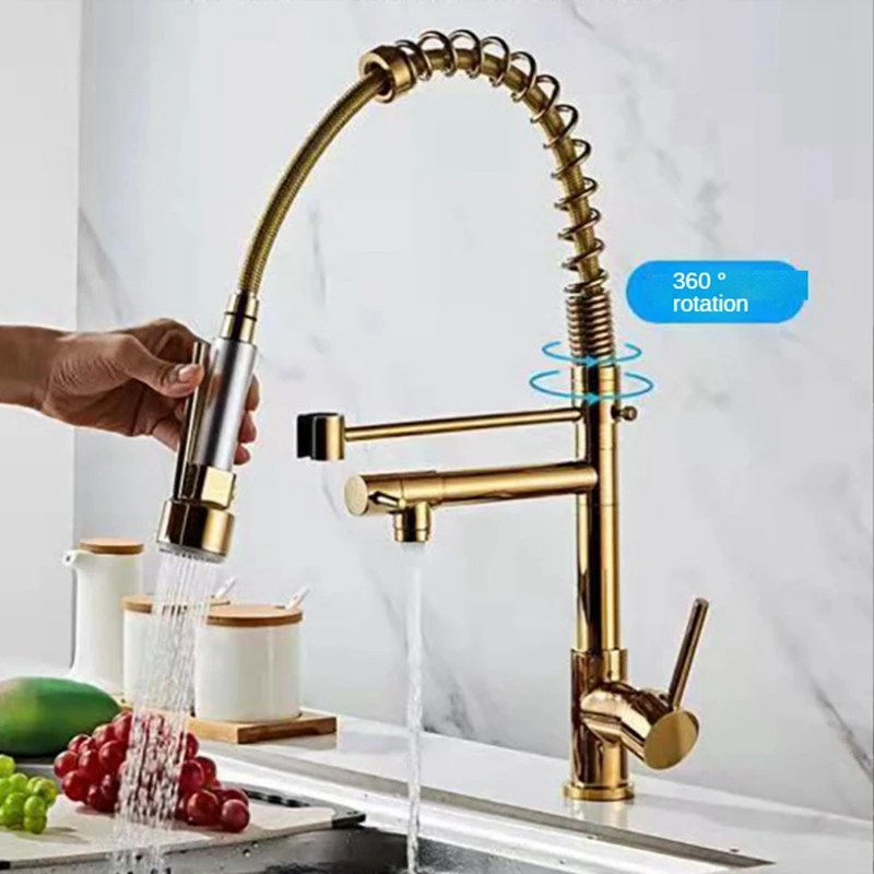 

Spring Pull Down Kitchen Sink Faucet Hot & Cold Water Mixer Crane Tap With Dual Spout Deck Mounted