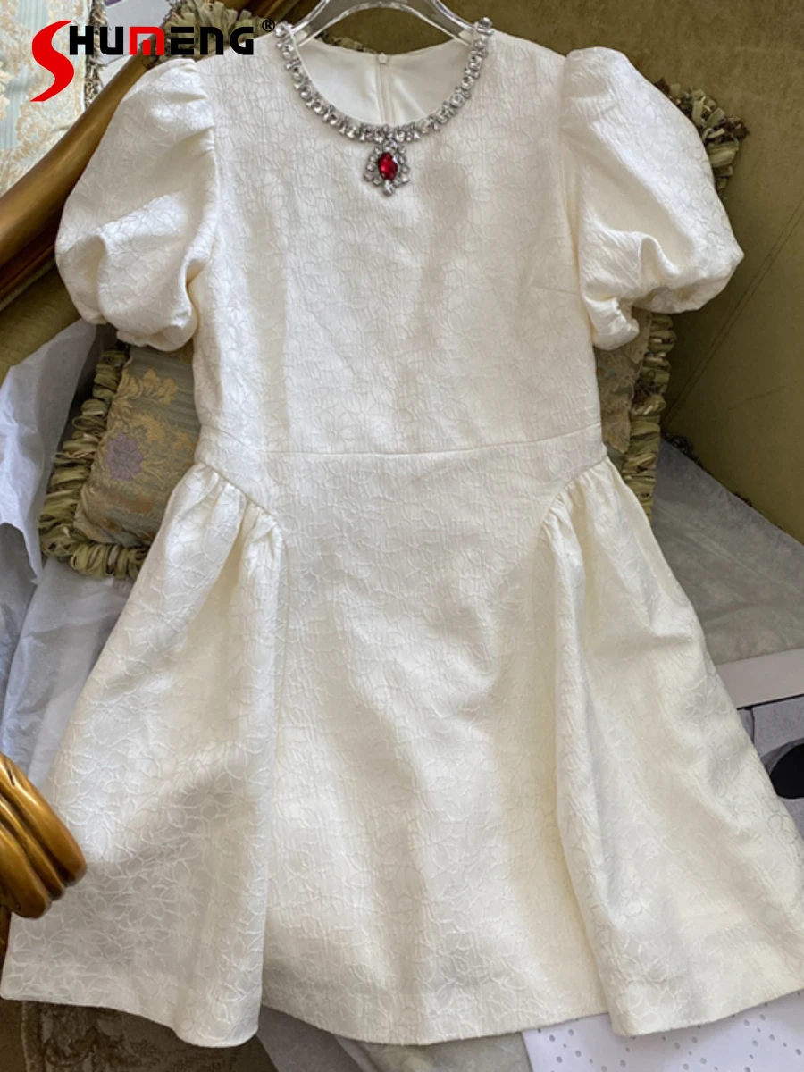 

2022 Early Autumn New Female Fashion Elegant Puff Sleeve Dress Women's Simple Exquisite Rhinestone Embroidery Jacquard Dress