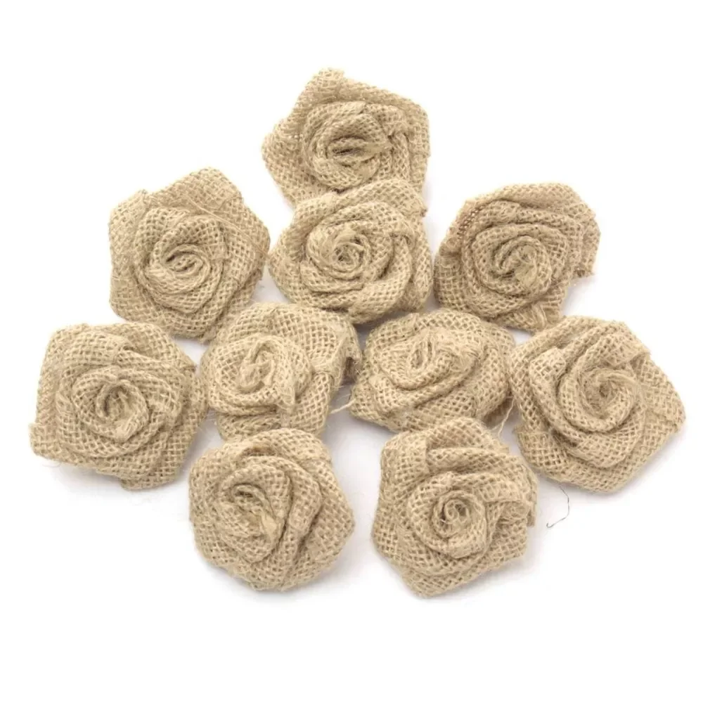 

Pack Of 10 5.5cm Vintage Rustic Rose Flower Burlap Hessian Jute Wedding Decoration Natural Color AA8050