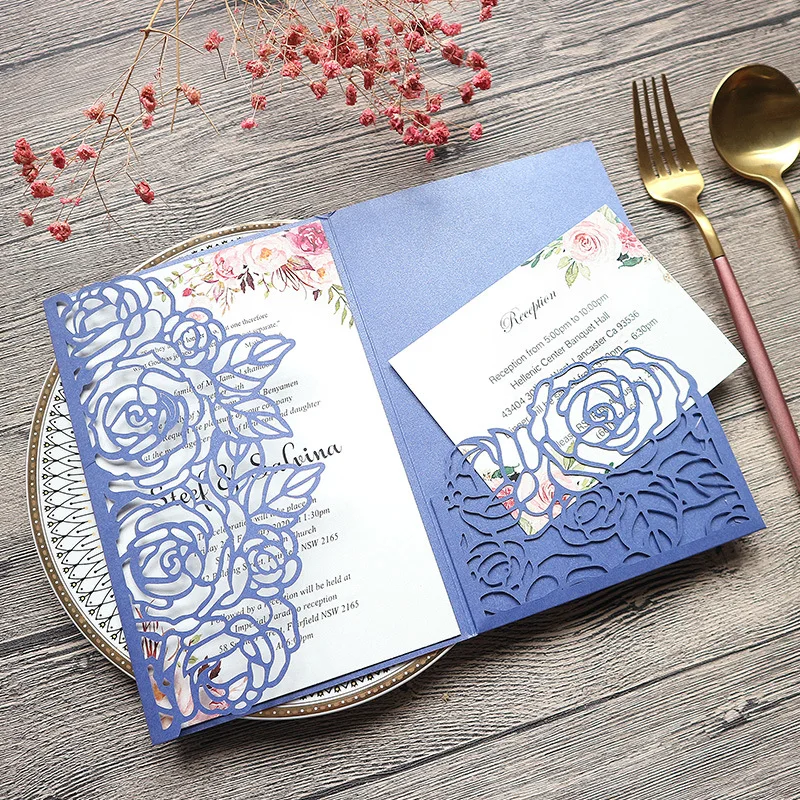 

(10 pieces/lot) Laser Cut Rose Tri-Fold Sapphire Blue Wedding Invitations Quinceanera XV Birthday Greeting Card With RSVP IC154