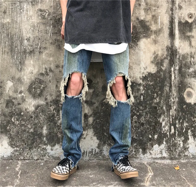 

Джинсы мужские зауженные в американском стиле, уличные зауженные штаны в стиле Канье с желтыми разбрызгивающимися вставками, на молнии, с в...