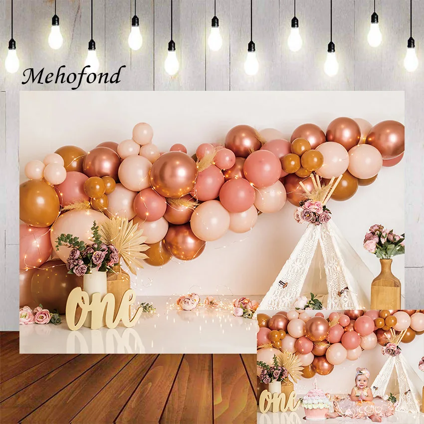 

Фон для фотосъемки Mehofond Бохо палатка богемные розовые цветочные воздушные шары девушка 1-й день рождения торт разбивать Фотостудия
