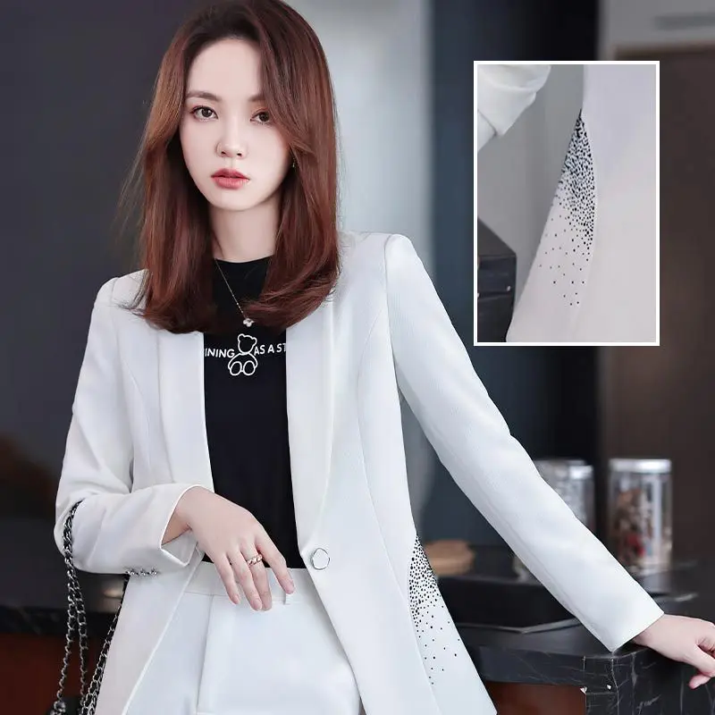 Women's Pant Sets Diamond Fashion Office Ladies Blue White Black Long Sleeve Jacket+Trousers Formal 2 Piece Set Outfit