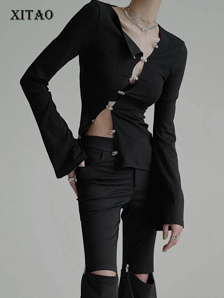 

XITAO Thin Knitting Cardigan Simplicity Slim Hollow Out Personality Slanted Placket Button Autumn New Temperament Women WMD7252