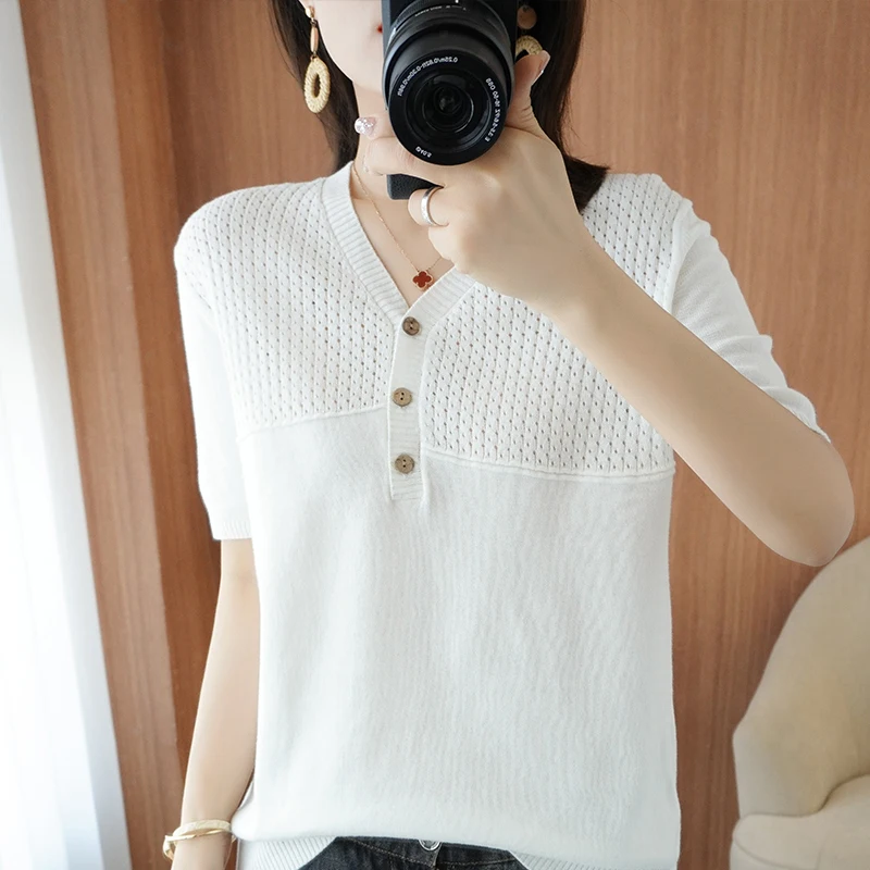 

Женская футболка с коротким рукавом, вязаный хлопковый свитер из ниток, Свободный Тонкий жилет с V-образным вырезом, Новинка лета 100%, хлопков...