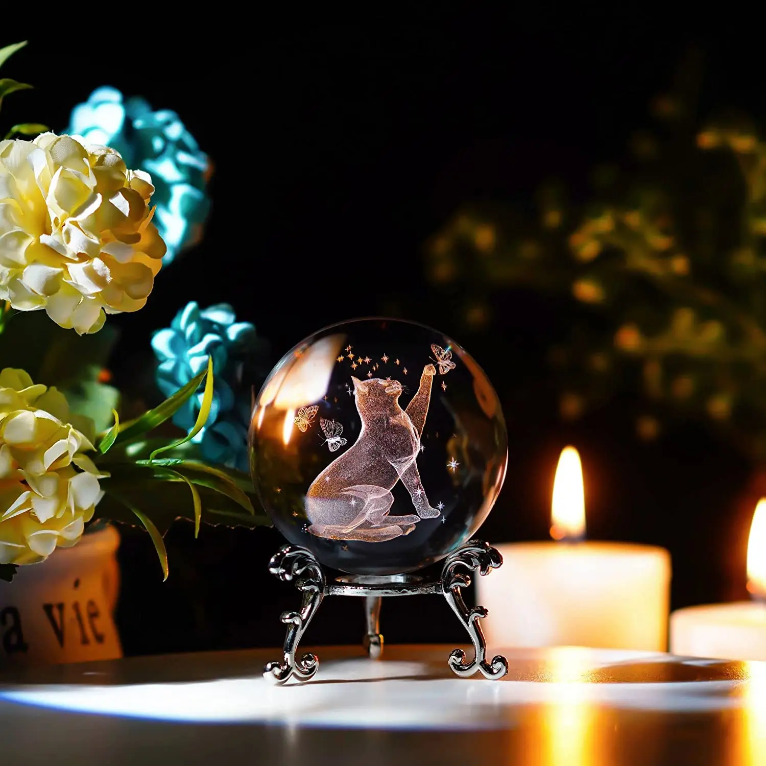 Фото 3D фигурка кота из хрустального шара H & D 60 мм, коллекционные предметы, пресс-папье, Декор для дома, стеклянная сфера с подставкой, подарок для влюбленных кошек №1