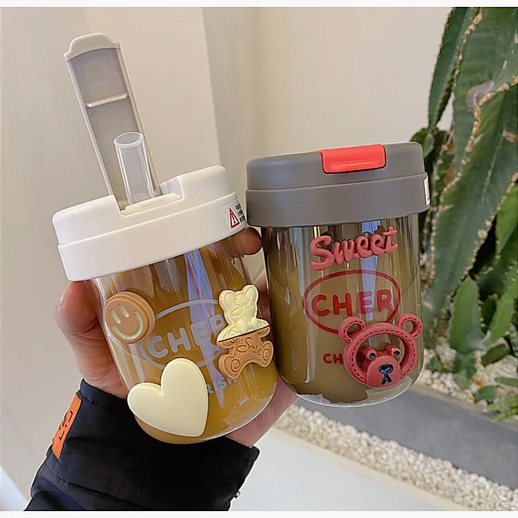 

300ml Plastic Water Bottle with Straw Cute 3D Sticker Travel Portable Coffee Juice Milk Tea Cup Water Bottle for Girls and Kids