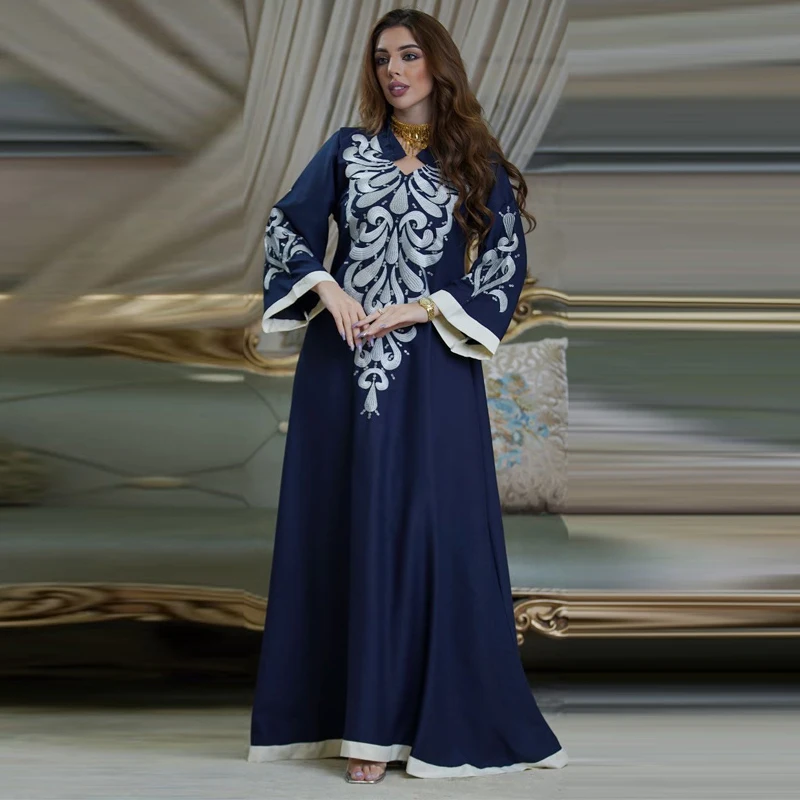 Eid Abayas Дубай женщины 2022 вышитые Лоскутные мусульманские макси платья с длинным рукавом женский халат Mubarak Кафтан Исламская одежда