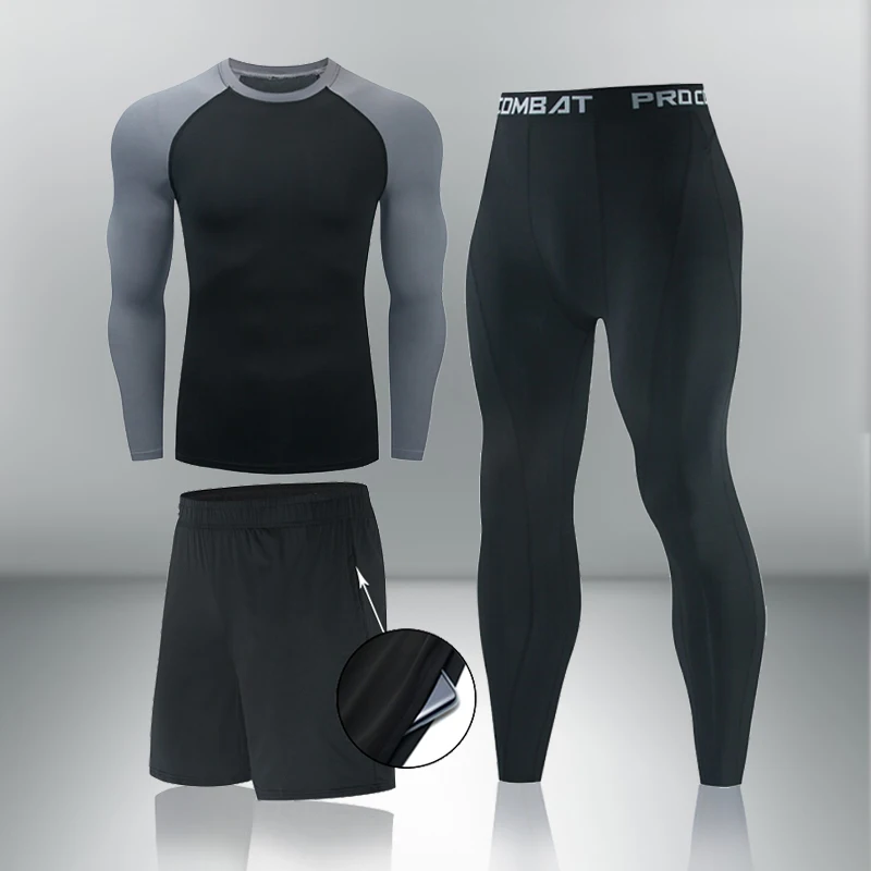 Men's Sports Suit rashgard male Quick drying Compression T-shirt+leggings Shorts Set Fitness Training kit Thermal Underwear