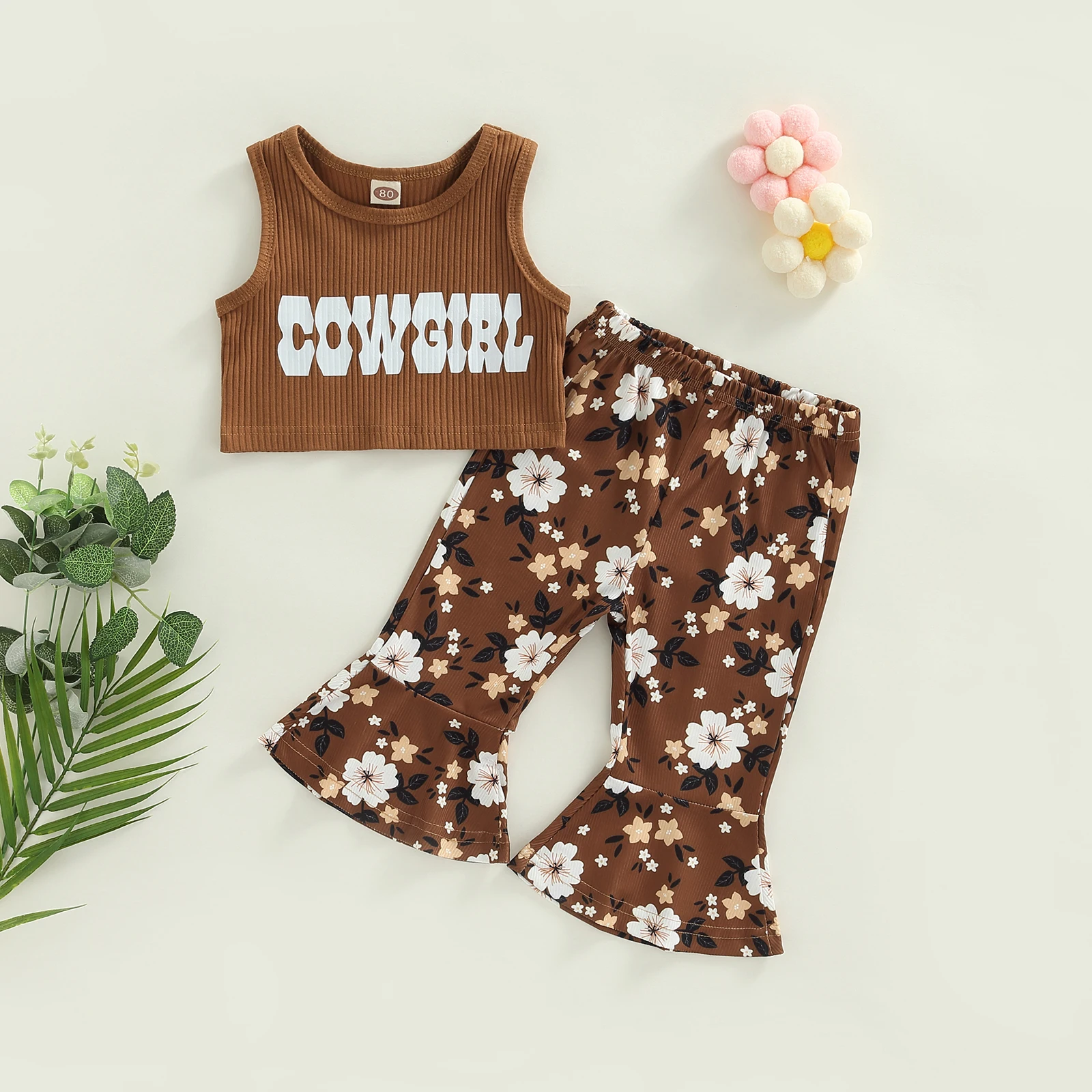 

baby girl outfit set Kids Girls clothing 2022 Letter Sleeveless Tank Top Elastic Floral Flared Pants Children Clothing wholesale