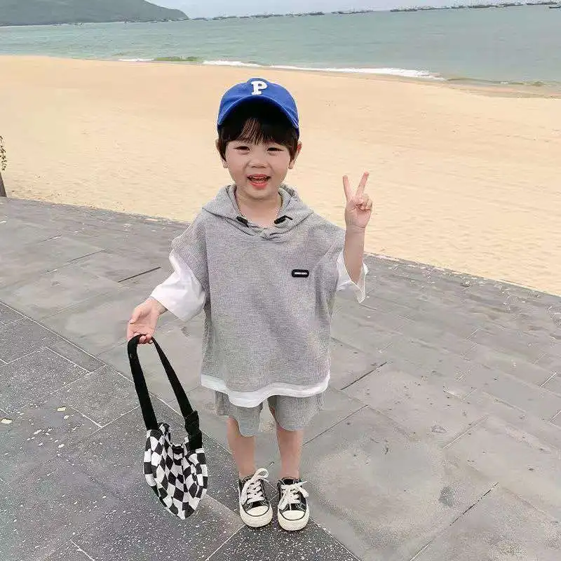 Children Clothing Sets Boys Clothes Short Sleeve Hooded Shirt+short Kid Clothes Fake 2Pcs Suit Cotton 2022Summer Baby Boy Outfit