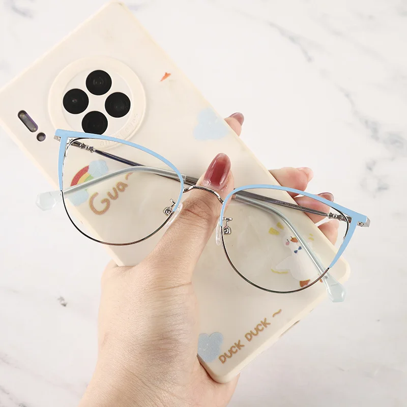 Модные металлические оправы кошачий глаз 2023 близорукость синие блокирующие очки