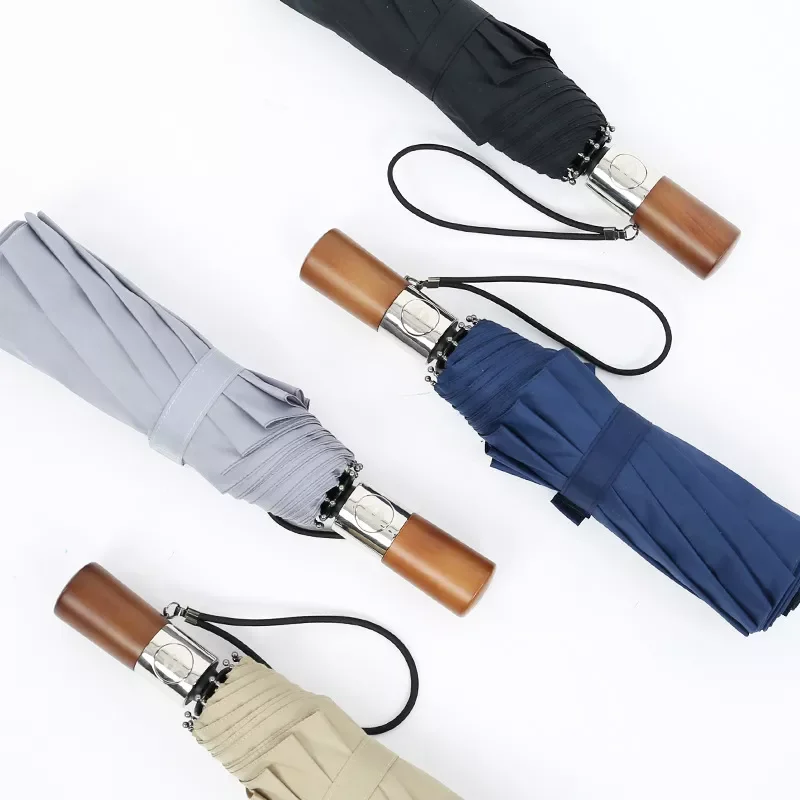 

Ten Bones Windproof Umbrella Tri-fold Fully Automatic Sunny Rain Folding Umbrella Male Business Solid Wood Handle Umbrella