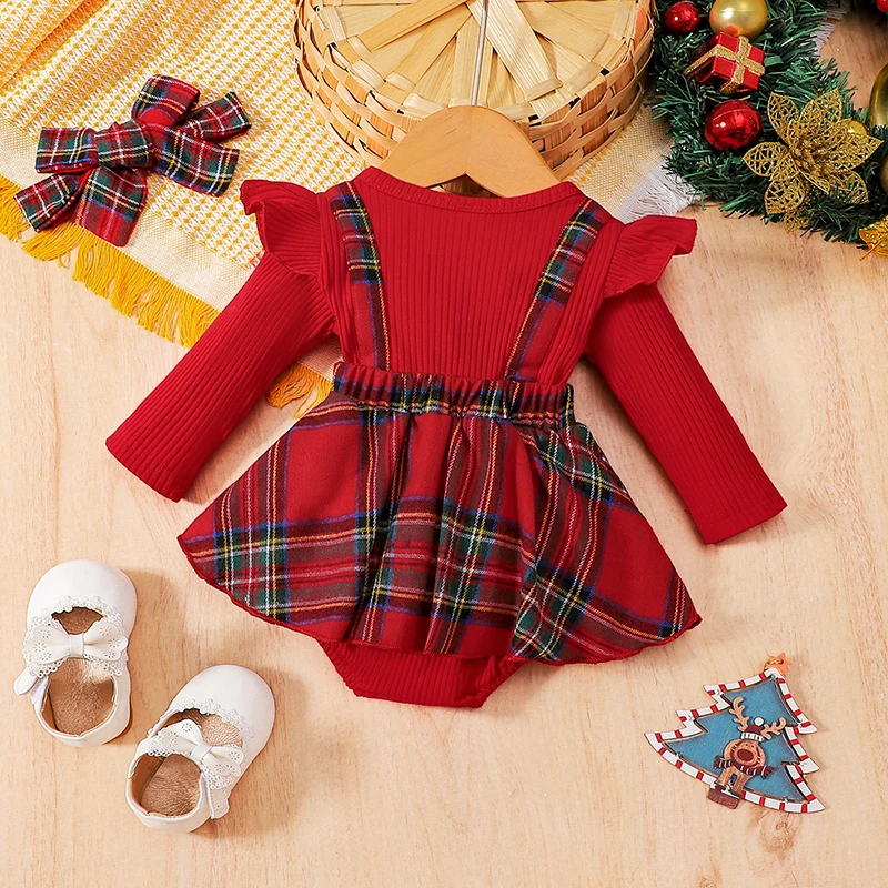 

Baby Girl Christmas Romper Long Sleeve Round Neck Plaid Knitting Loose Buttons Short Kids Romper Head Band Children's Clothing