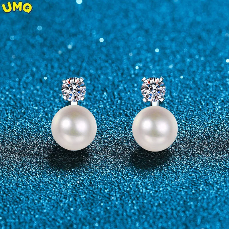 

9mm Freshwater Cultured Pearl Bridesmaid Stud Earrings with Moissanite Top Sterling Silver Ear Studs Wedding Jewelry for Brides