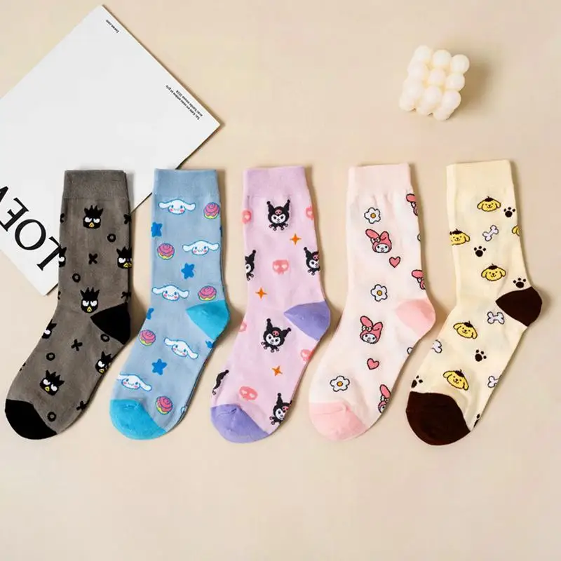 

Kawaii Sanrios Hello Kittys Middle Tube Socks Kuromi Cinnamoroll Cartoon Girl Heart Embroidery Versatile Women's Socks Girl Gift