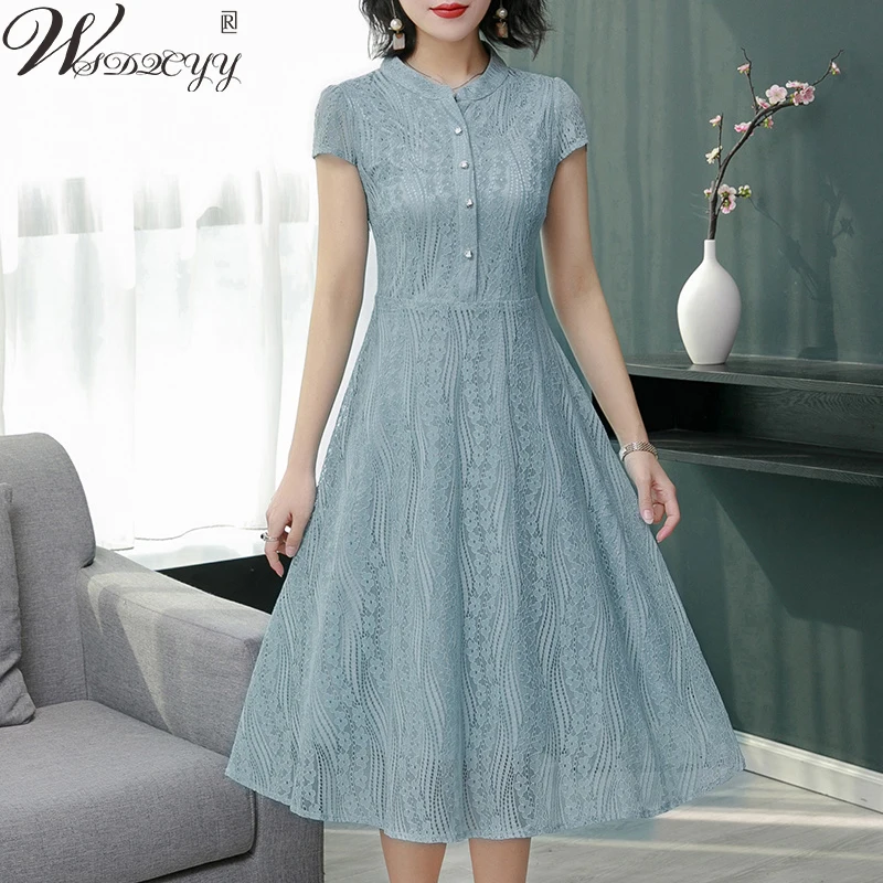 

Women Elegant Stand Collar Lace Dress Oversized 4xl Vintage Single Breasted Knee-Length Dress Loose Casual Summer Vestidos