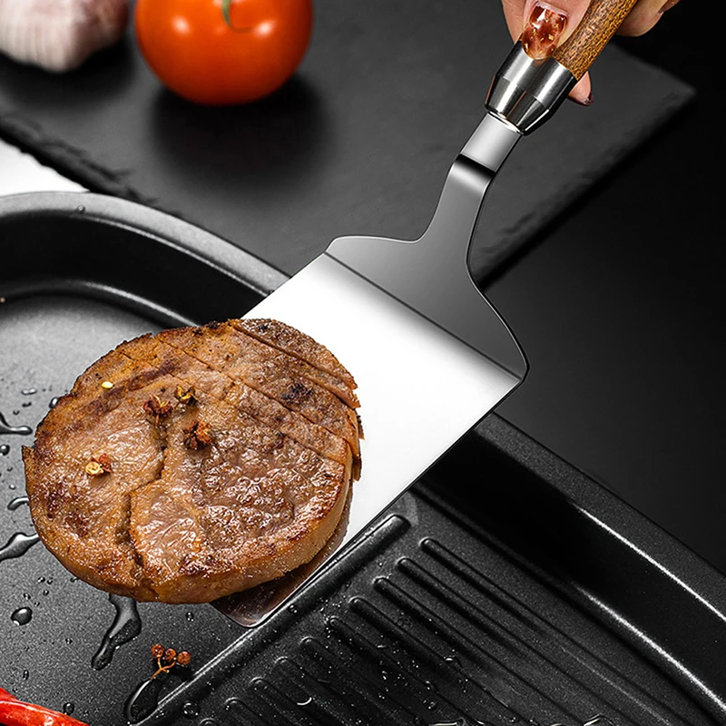 

Stainless Steel BBQ Plate Grill Scraper Pancake Spatula With Wood Handle