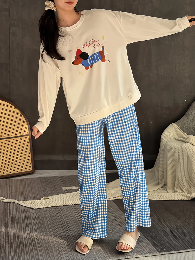 2024 New Japan fashion Pajamas Women Spring and Autumn Pure Cotton Puppy Long sleeve Plaid Pants Can Be Worn outside Homewear...