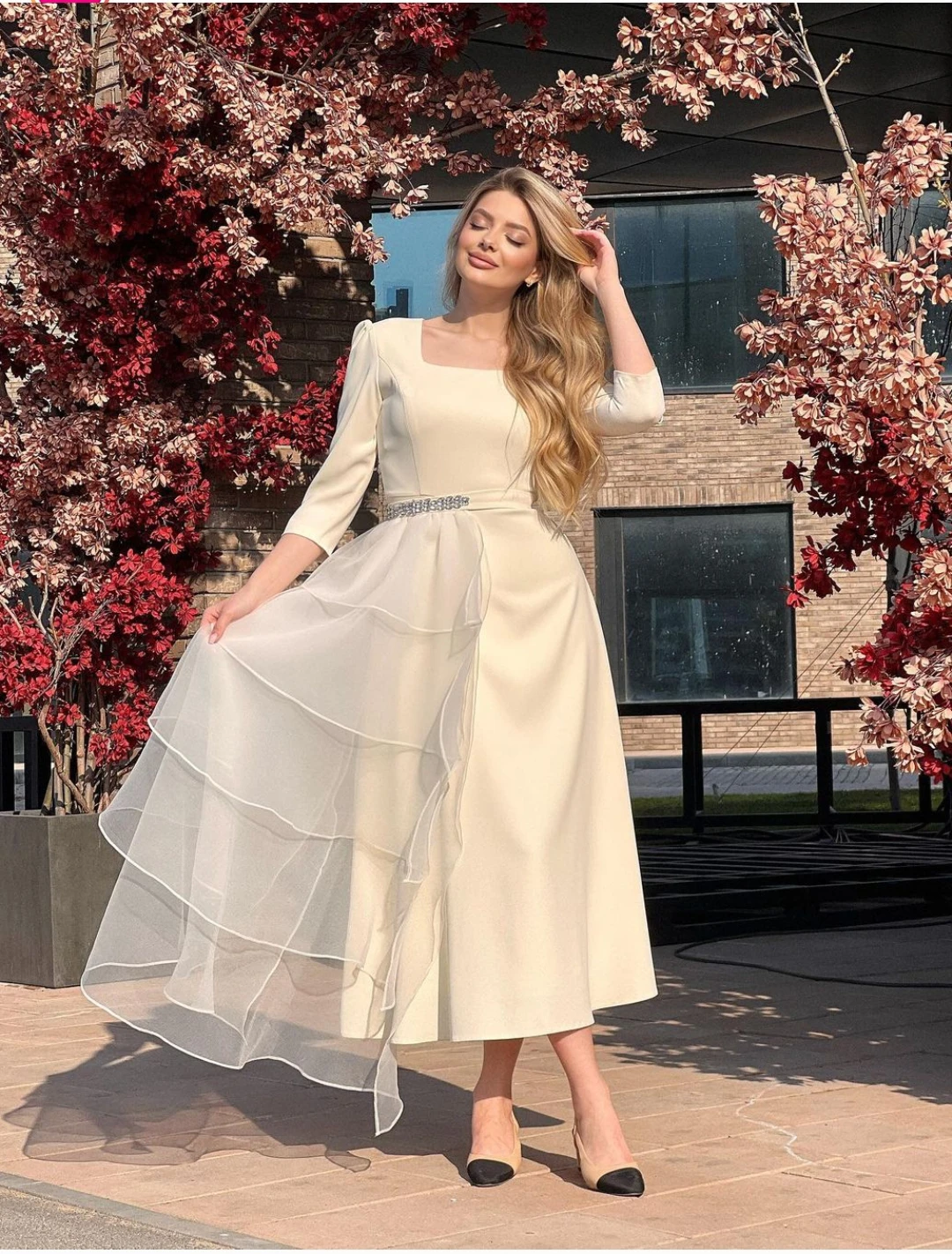

Graceful Boat Neck A-line Prom Dress Ankle Length Tulle Layer 2023 Arabic Style New Lace Three Quarter Illusion Evening Party