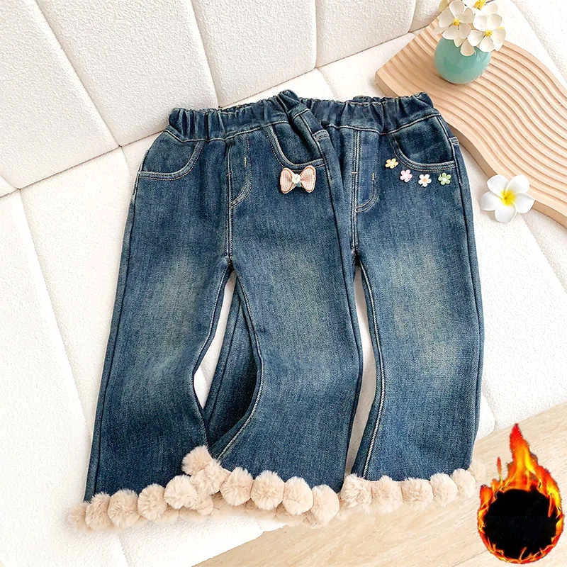 Флисовые джинсы для девочек эластичный пояс утепленные кружевные теплые