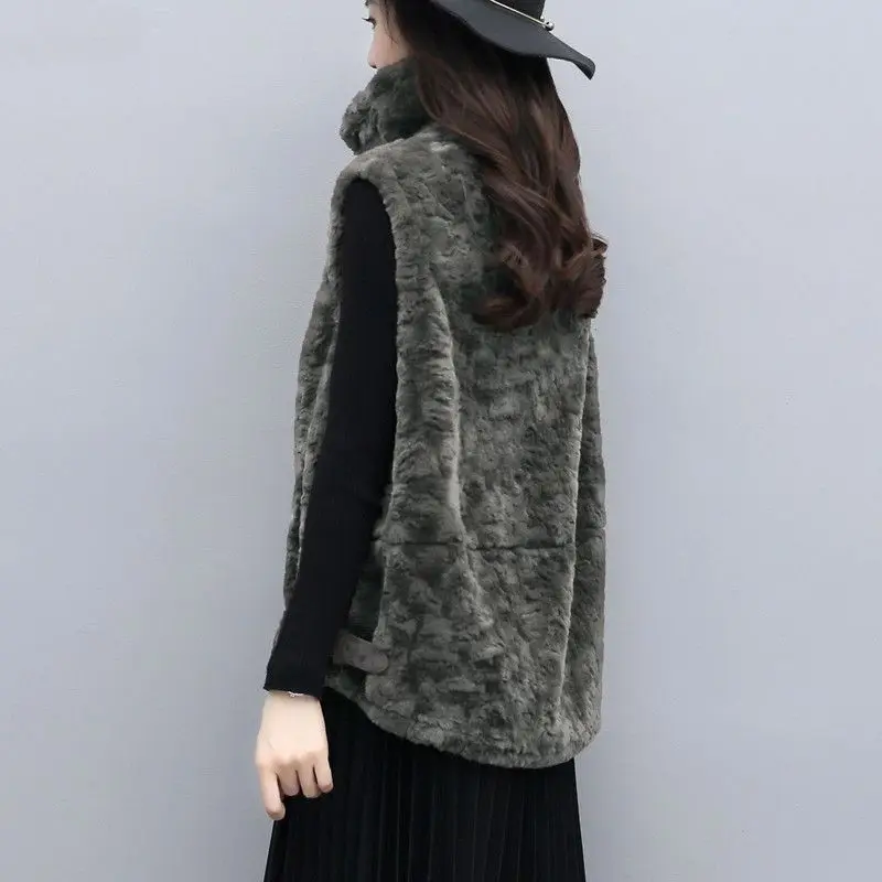 Winter Warm Wool Vests Women Faux Fur Sleeveless Jacket Cardigan Plus Size Zipper Pockets Korean Coats Harajuku Vintage Vest