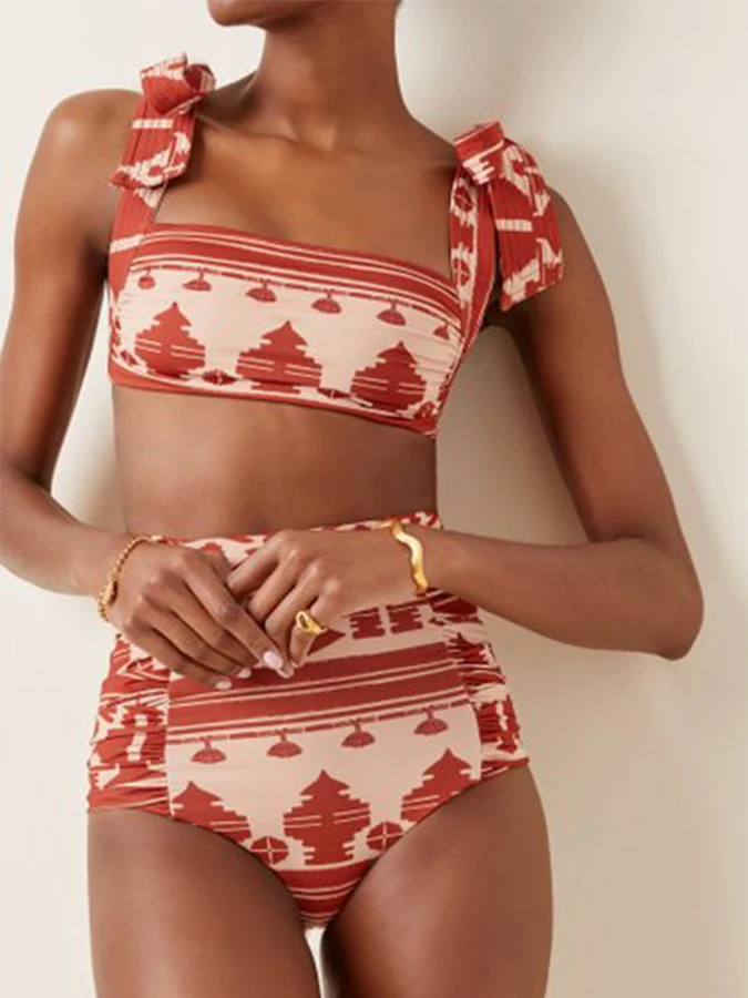 

Women's Swimsuit Geometric Printed Lace-Up Two Pieces Bikini Set Strappy Bandage Hight Waisted Swimwear Bathing Suit Beach Suit