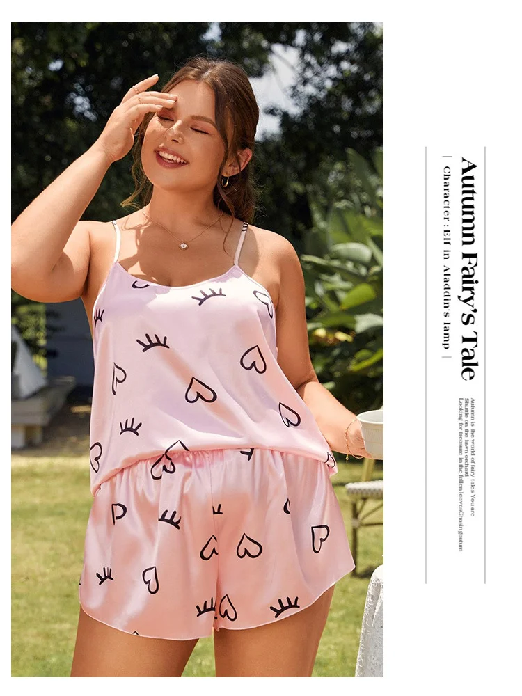 Pajamas cartoon love loungewear, casual loose home suspender shorts set plus size feminino 2 pieces set