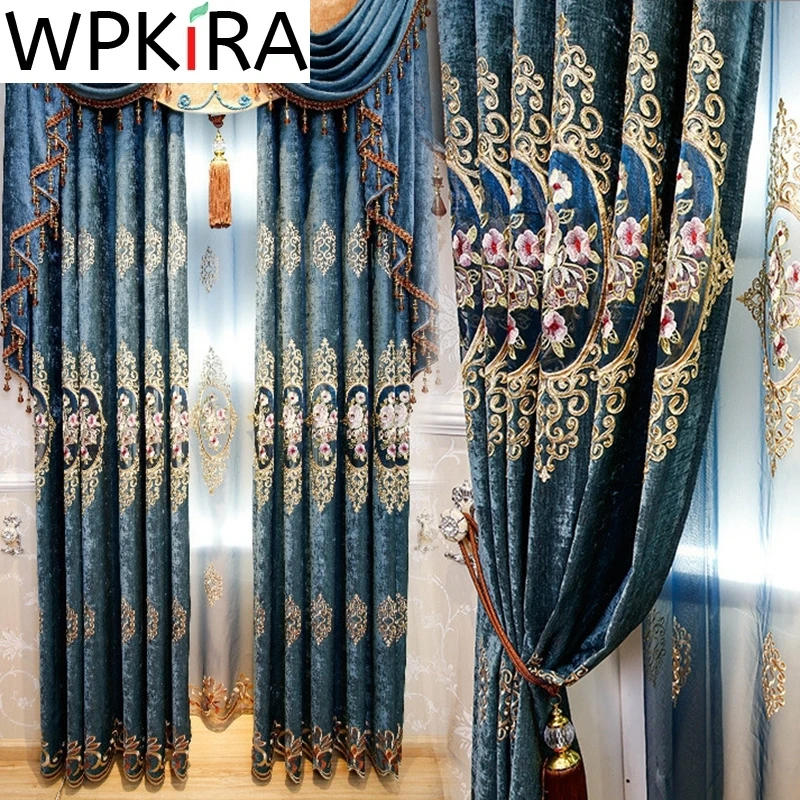 

European Hollow Rose Embroidered Semi-Blackout Curtain For Living room Bedroom Villa Luxury Blue Green Chenille Window Drapes