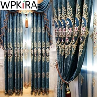 european hollow rose embroidered semi blackout curtain for living room bedroom villa luxury blue green chenille window drapes