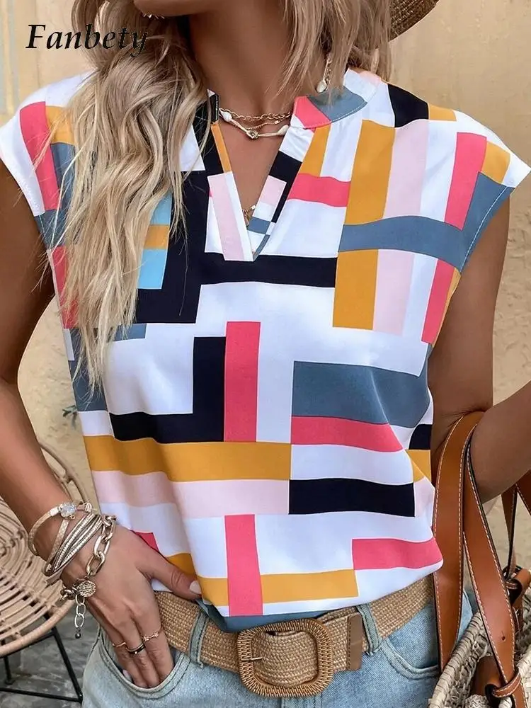 

New Summer Temperament Pattern Print Pullover Blusa Women V-Neck Short Sleeve Slim Shirts Fashion Business Office Commute Blouse