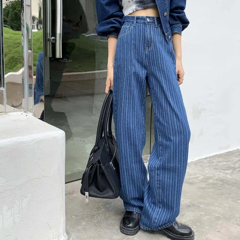

Fashion Jeans Woman Vertical Stripe Leg Wide Pants Street High Waist Casual Straight Baggy Pants Blue Denim Trousers Feminino