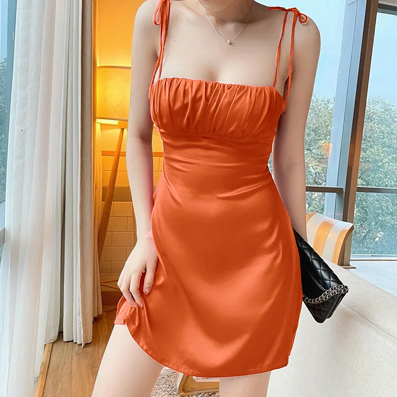 

Women Tie-up Slip Dress Adults Smocked Solid Color Boat Neck Spaghetti Strap Mini Dress 2022 Summer Ladies sexy Sundress