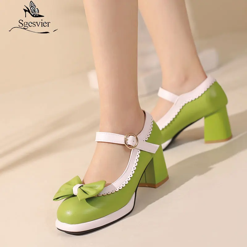 

Sgesvier Summer2022 Fashion Chunky High Heel Ladies Pumps Bowtie Ankle Strap green yellow Wedding Party Shoes Woman high Heels