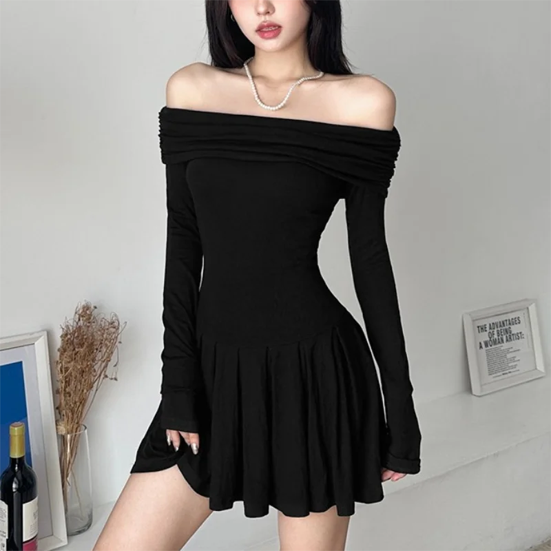 Осеннее сексуальное мини-платье с открытыми плечами для женщин черное
