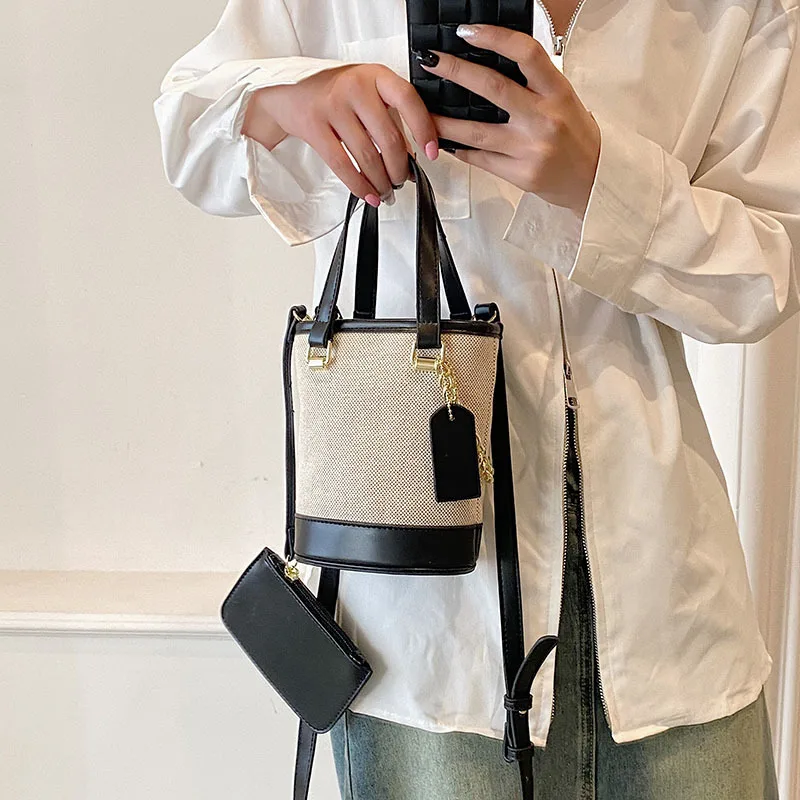 Contrast Canvas Leather Panel Shoulder Bags Simple Fashion Cylindrical Handbag New Portable Bucket Crossbody Bag Purse Storage