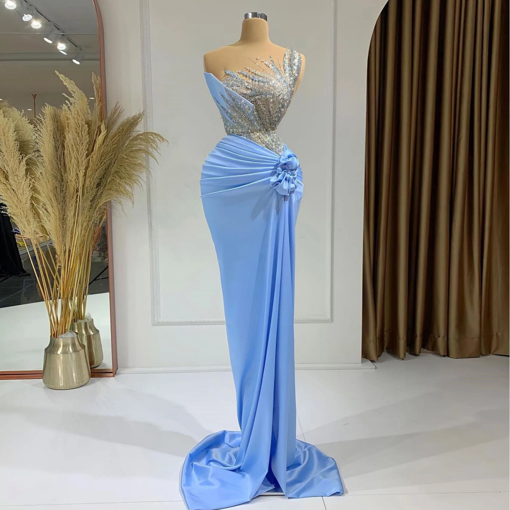 

New Arrival Sky Blue Formal Dress Sparkly Beading Spandex Long Prom Dresses فساتين السهرة 2024 Dubai Arabic Evening Party Gowns