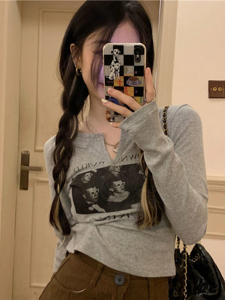 QWEEK Y2K Grunge Graphic Tees Gray Crop Top Women Korean Style Long Sleeve Sexy Slim White Tshirts Vintage Streetwear T Shirt