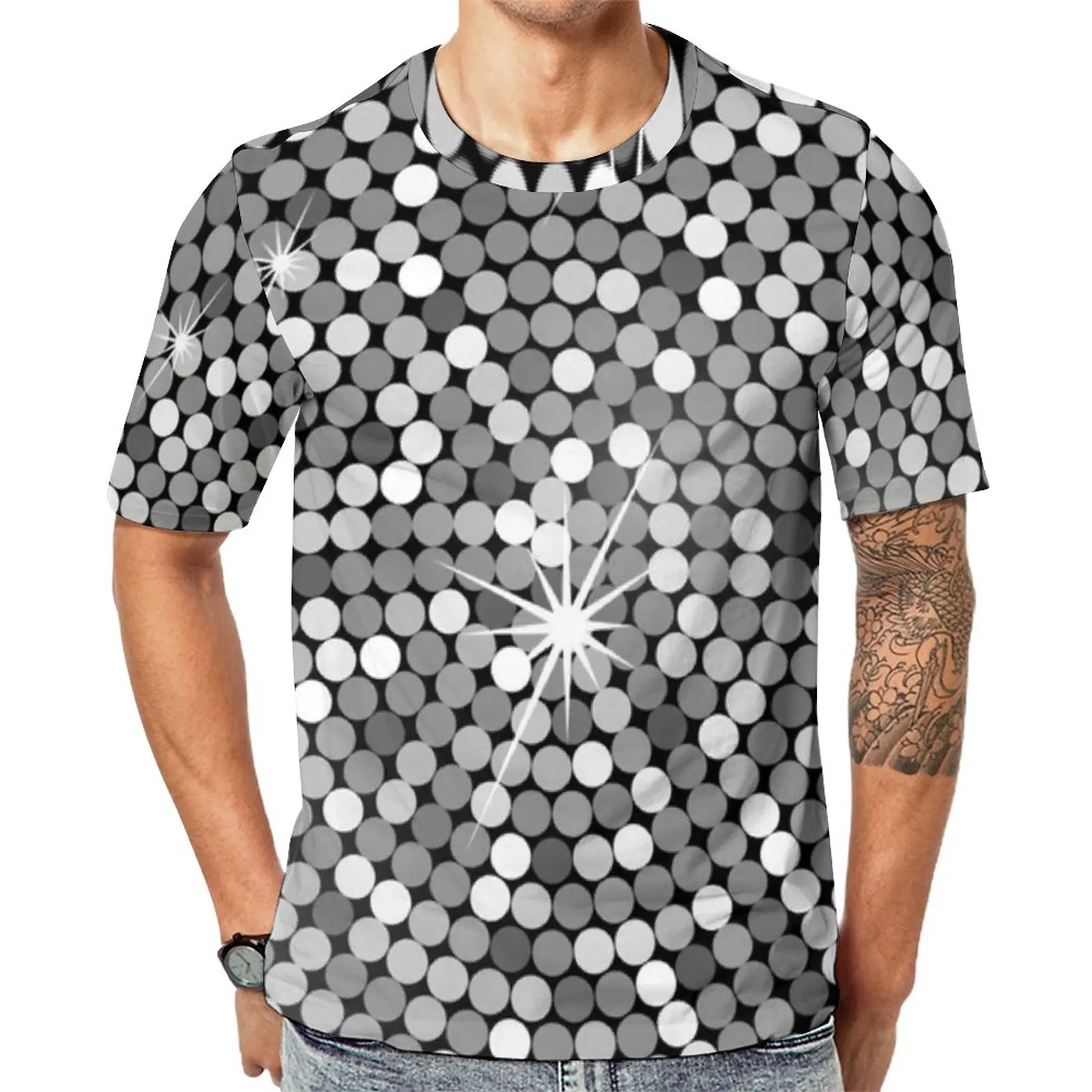 

Silver Metallic Print T-Shirt Male Crystal Disco Ball Basic T-Shirts Beach Novelty Tees Short-Sleeve Graphic Big Size Clothing