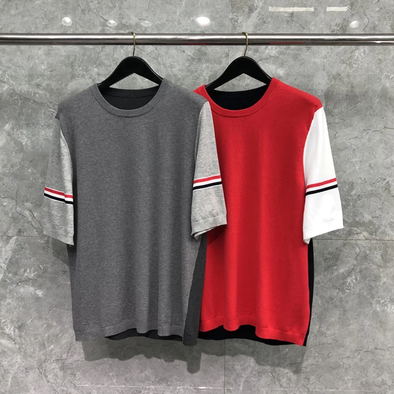 

TB THOM Men's T-shirt Contrasting Color Design Short Sleeve High Quality Stripes Webbing Tees Luxury Brand Pure Cotton TB Shirt