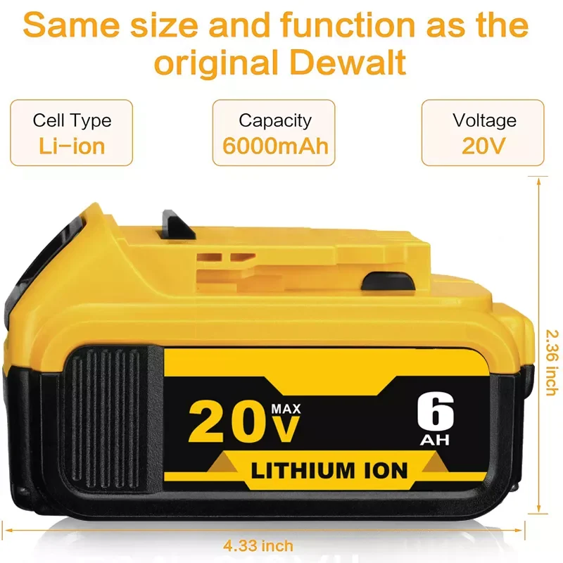 

20v 6 0Ah Max XR Replacement DCB200 for DeWalt DCB185 DCB203 DCB206 DCB181 DCB184 Rechargeable Lithium Battery 18V Power Tools