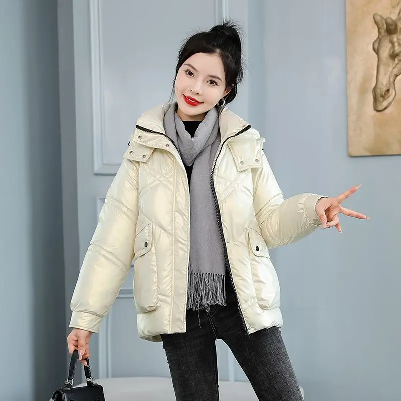Winter Short Fashion Parkas Women 2023 New Loose Jacket Hooded Parka Warm Glossy Cotton Padded Casual Outwear Female C26