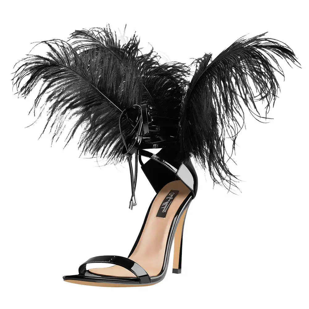 

2023 Pointed Toe Thin Heel Super High Heels Feather Fashion Runway Women Shoes Large Size Sandals Lady Ins Style Party Prom Shoe